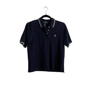 Lauren Ralph Lauren Women Petite SZ P/M Navy Blue Preppy Short Sleeve Polo Top